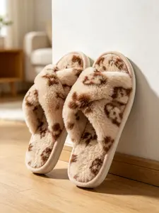 Leopard Print Crossed Plush Slippers, Flat Sole Rubber Non-Slip Sandals, All-Season Wear, Lazy Style Outdoor Shoes, Comfortable and Stylish
