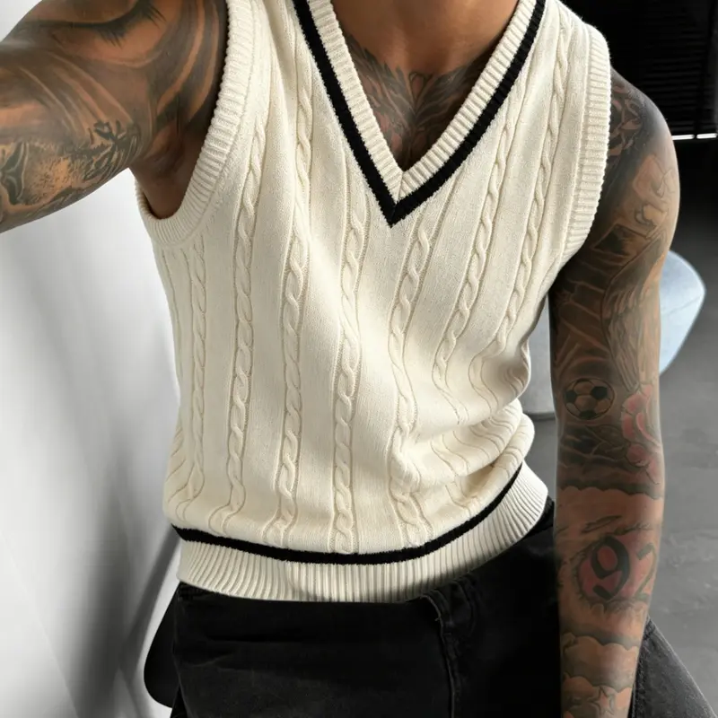 Men's Knitted Home Wear Vest, Street Style Crochet Top, Soft Comfortable Fabric, Loose Fit, Casual Solid Pattern, All Seasons, Streetwear Tank Vest, Loose Fitting Vest