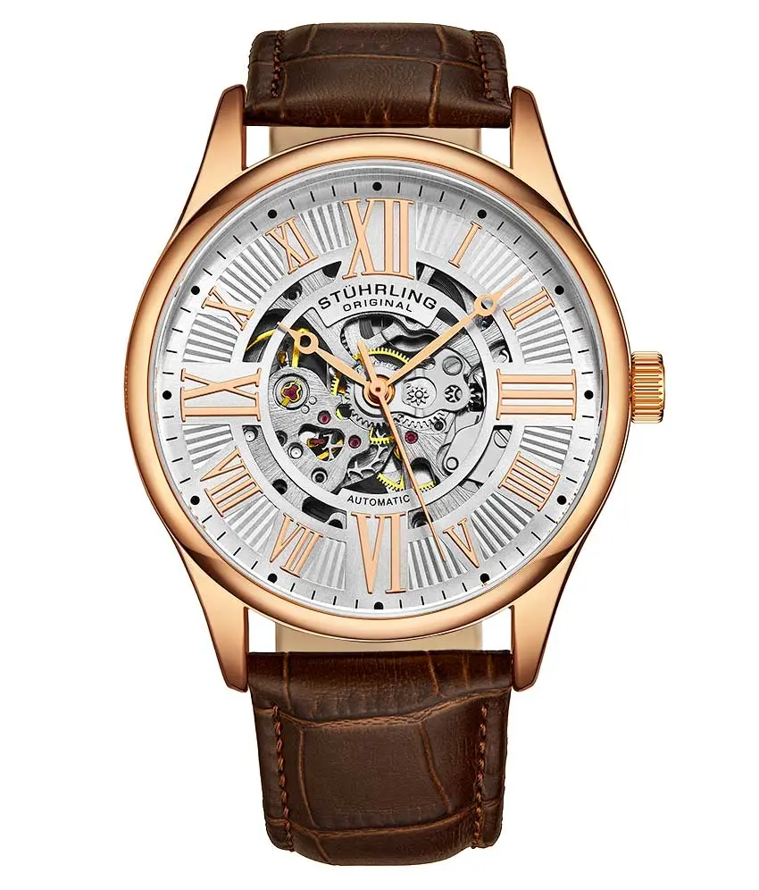 Atrium 42mm Skeleton Watch for Men, Stylish Automatic Wristwatch with Genuine Leather or Stainless Steel Mesh Strap, 5 ATM Water Resistant, Stylish Watch, Skeleton Watches