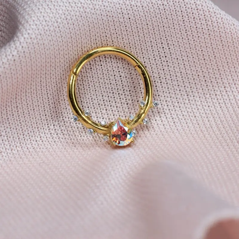 Elegant Floral Septum Clicker Ring for Female, 16g 10mm Surgical Steel Nose Piercing with Gold Finish and Bling Effect Crystals, Flower Motif, Daily, Casual, Hoop Diameter 10Mm, Everyday, Septum Piercing, 14G