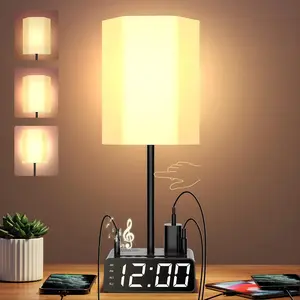 Table Lamp with Alarm Clock, Charging Station, USB C & A, AC Outlet Ports, Speakers, 3-Way Dimmable Nightstand Lamp for Kids Study Room & Bedroom