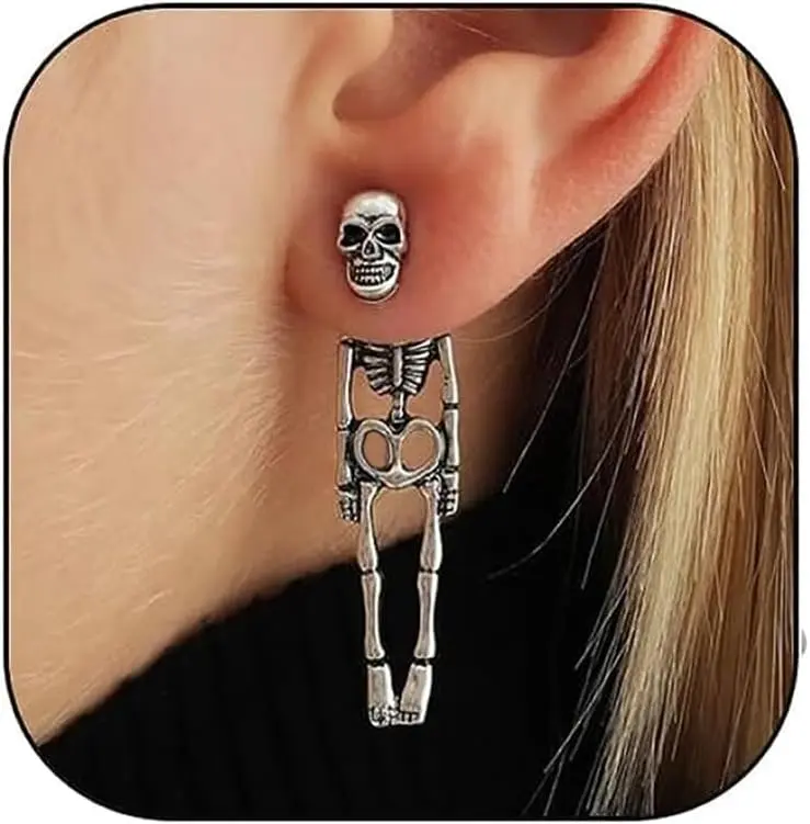 Gothic Halloween Skeleton Stud Earrings Skeleton Hand Clip on Earrings for Women Men Spooky Halloween Skull Skeleton Dangle Earrings Halloween Costume Party Exaggeration Accessories