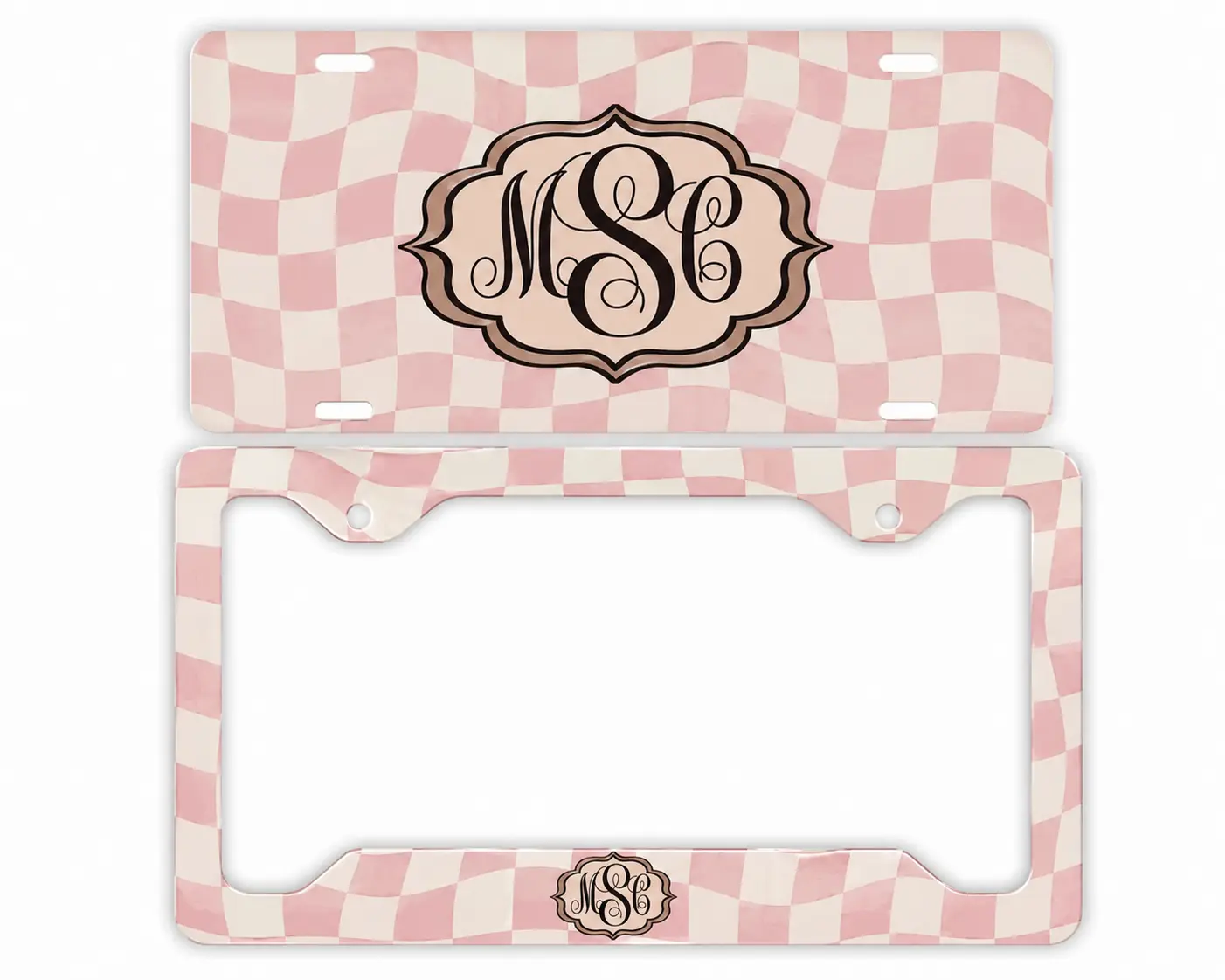 Personalized Pink Checkered Monogram License Plate and Frame Set Custom Initial Car Tag Cover Coquette Preppy Girly Auto Accessory Cute Checkerboard Vehicle Decor Gift for Women Girls USA Standard Size Custom Name Plate