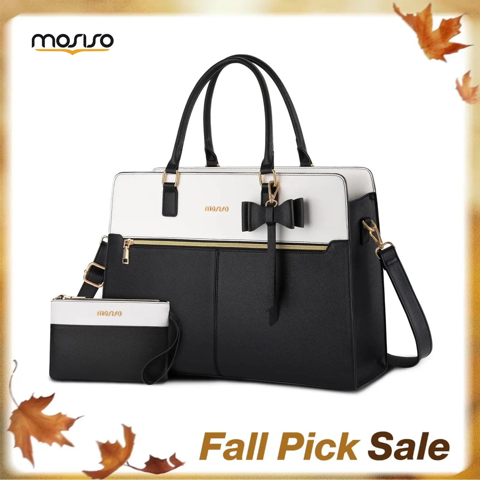 MOSISO Women's Minimalist 15.6in Waterproof Synthetic PU Leather Laptop Tote - Double-Handle Shoulder Work Bag for Women, Bowknot Clutch, Magnetic Closure, Large Multi-Compartment Crash-Proof Bag with Strap & Side Bottle Pockets for Business, Birthday Use
