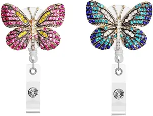 2 count Fashion Retractable Badge Reel, Bling  Nurse Badge Holder Reels with Swivel  Clip for Teachers Students Employees  Badges ( Blue and  Butterfly)
