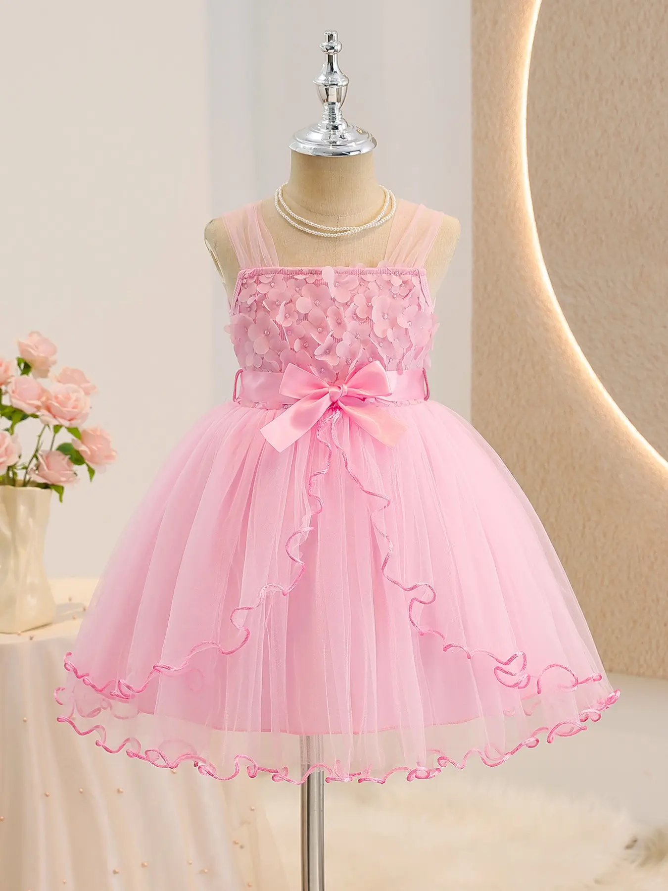 Coviviky 3D Floral Flowers Halter Sleeveless Dress, Mesh Fabric Patchwork Design, High Waist, Fit, Suitable for Formal and Casual Occasions, Elegant Style One-Piece Dress