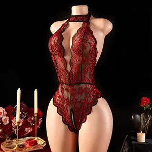 AESKEIA Lace Tie Slim Fit Jumpsuit Midnight Charming Red Lace Camisole Neck Halter Elegance Overall Lingerie Everyday Love Women's Fabric Piece Style