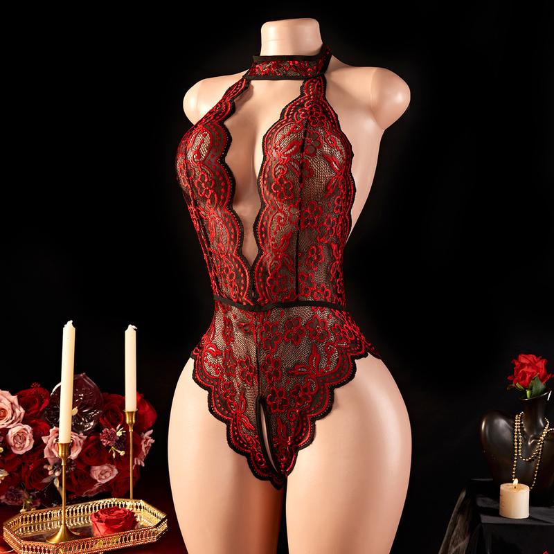 AESKEIA Lace Tie Slim Fit Jumpsuit Midnight Charming Red Lace Camisole Neck Halter Elegance Overall Lingerie Everyday Love Women's Fabric Piece Style