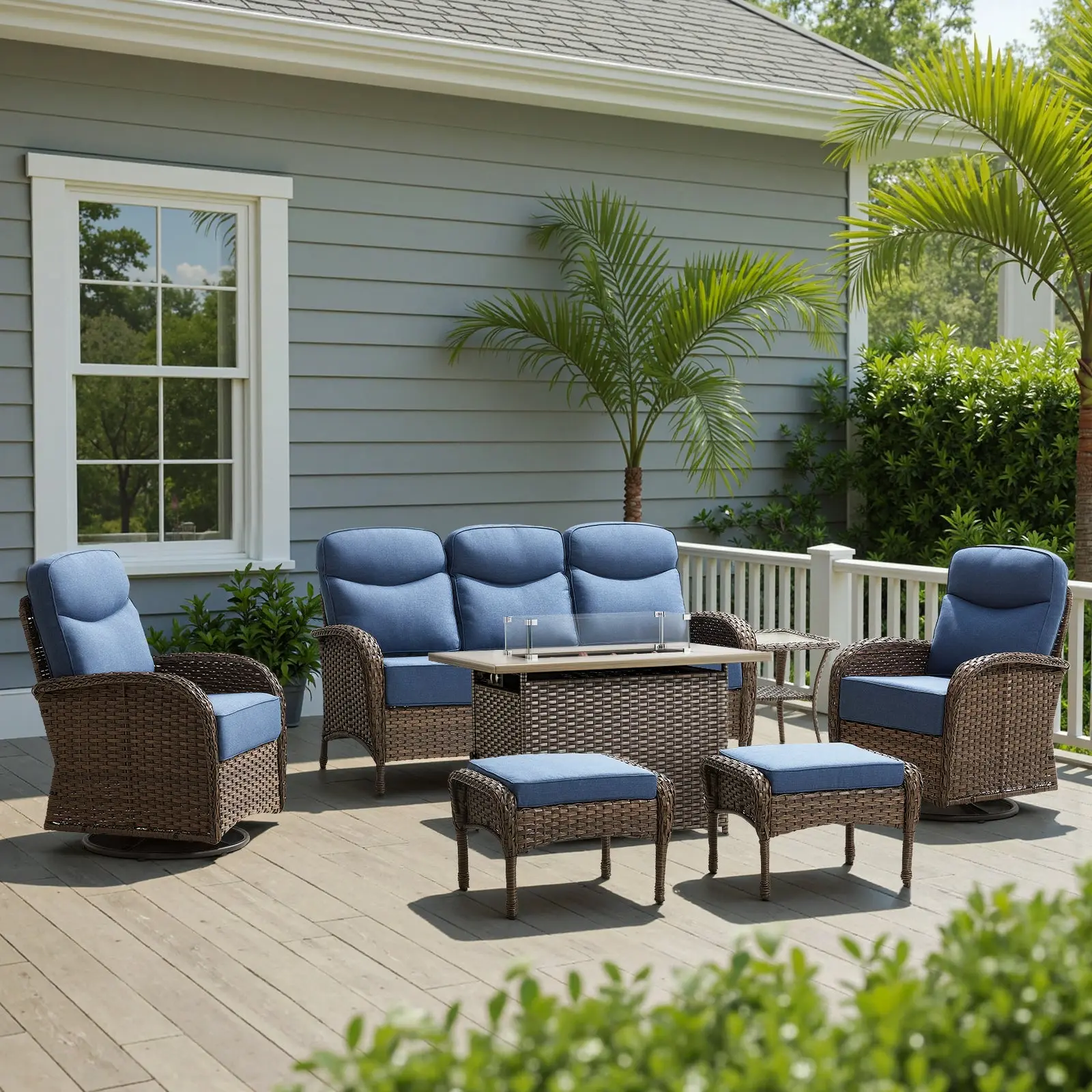 Belord ND Series 7-Piece Rattan Wicker Outdoor Patio Furniture Set with Fire Pit Table