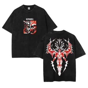 Ultrakill Gabriel Fallen Angel Gaming T-Shirt Double-sided heavyweight washed cotton tee gritty and unholy design for blood, speed, and chaos