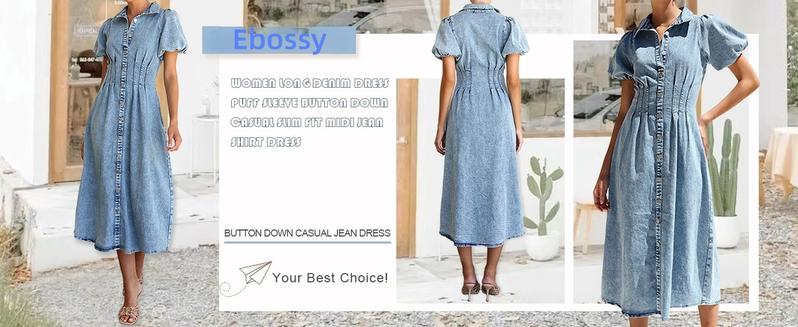 【New Arrival】Ebossy Women Long Denim Dress Puff Sleeve Button Down Casual Slim Fit Midi Jean Shirt Dress