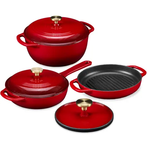 Best Choice Products 6-Piece Enameled Cast Iron Cookware Set, 6QT Dutch Oven W/ Lid, 2QT Skillet W/ Lid, Grill Pan, Grill Press