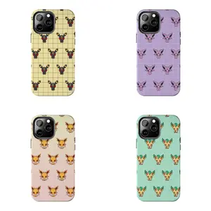 Pokemon Eeveelution Chibi Grid Aesthetic Case for iPhone 17-7 Pro Max Plus & Samsung Galaxy S26-S21 Ultra Plus - Cute Umbreon Espeon Jolteon Leafeon Pastel Pattern Phone Cover unisex