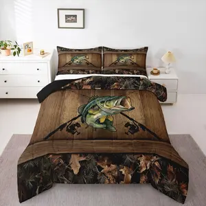 Camo Bass Fish Bedding Set,Pike Fish Fishing Comforter Set for Kids Boys Teen Men Camouflage Hunting Bed Comforter Set,Rustic Farmhouse Quilt Duvet