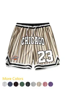 Men's Oversized Vintage Basketball Shorts, Striped Elastic Waist Drawstring Sporty Shorts, Chicago 23 Number Print Mesh Pants