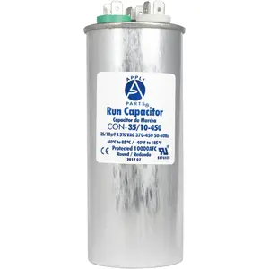 Appli Parts Dual Run Capacitor for ac 35+10 Mfd uF (microfarads) 370VAC or 450VAC Round Universal fit for hvac and other applications 5-1/4 in High 2 in Wide CON-35/10-450