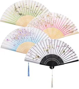 4 count Handheld Fans - Elegant Silk Folding Fans with  Frames,Hollowed Fringe Foldable Fan, Handheld Fan Foldable for Wedding, Party, Gifts, Wall Decoration,03