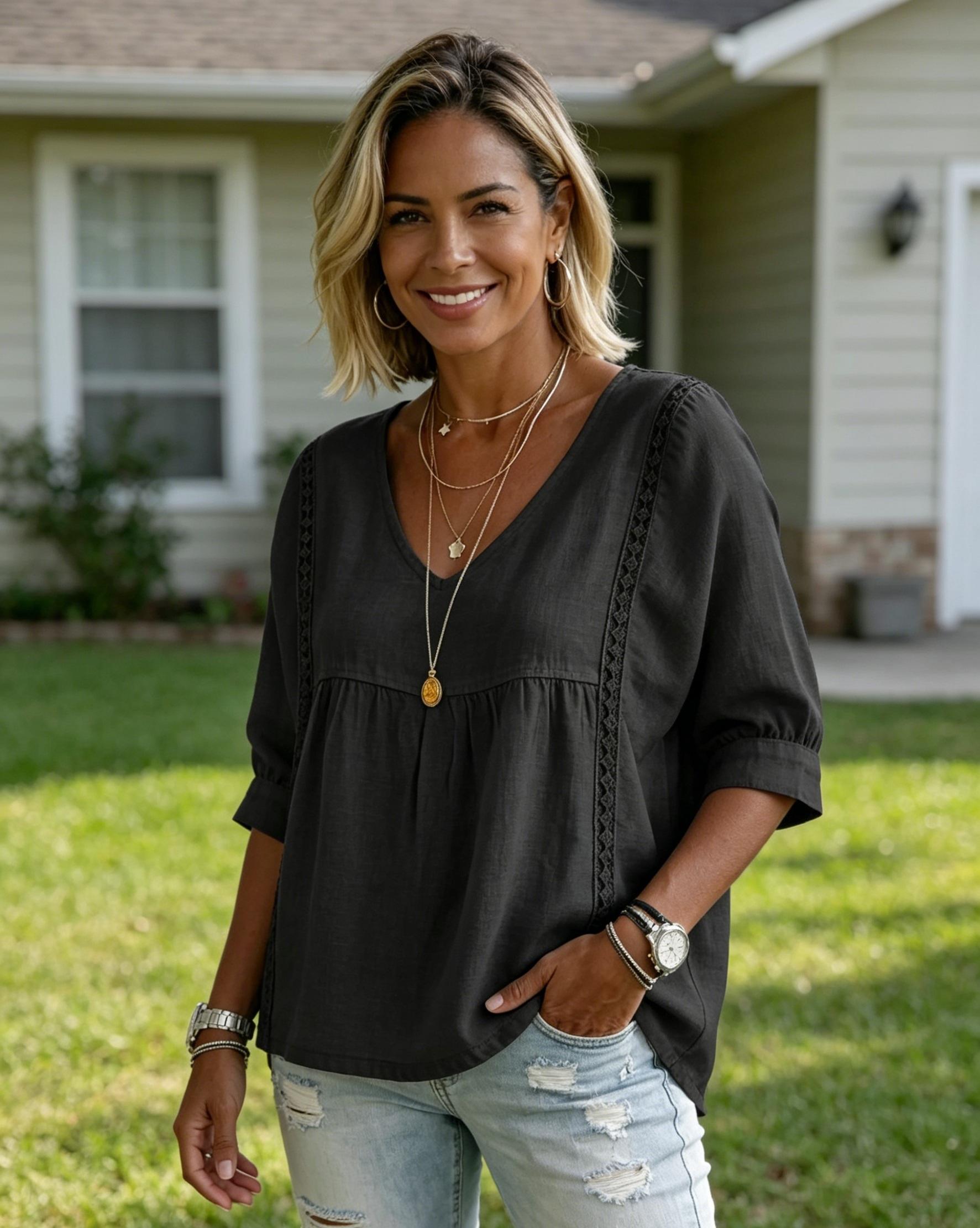 Women's Elegant Lacy V-Neck Blouse - 3/4-Length Puff Sleeves, Side Lace Cut-Outs, Midsection-Concealing Fit, Chic Loose Design, Ideal for Bohemian Office & Casual Wear Lace Top Shirts, Elegance, Office Siren