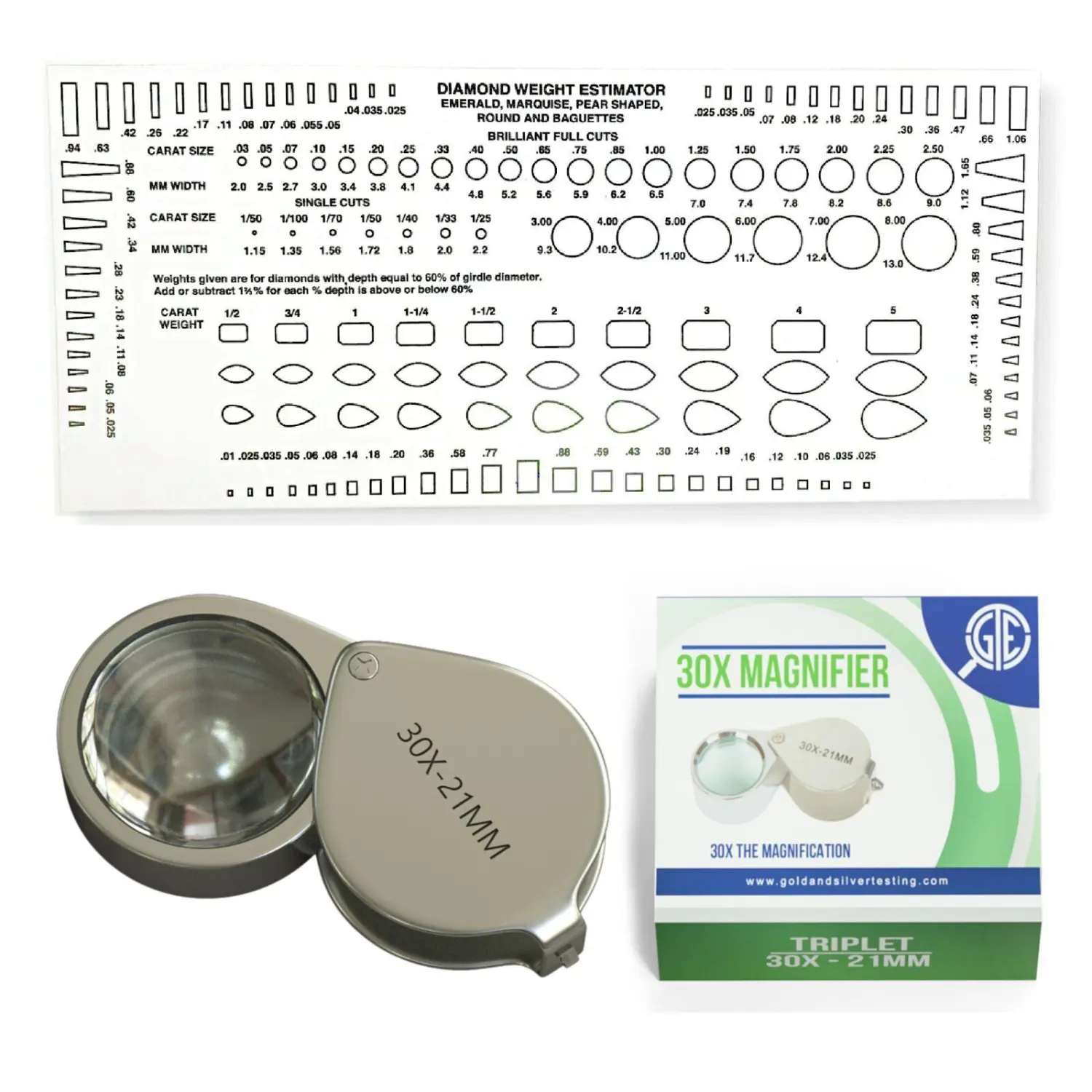 Jewelers Diamond & Stone Estimator Gauge Tool Clear Plastic Shape Chart w/ Loupe 30X 21mm Triplet Magnifier for Jewelry Engagement Ring Bracelets Gemstones Precision