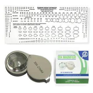 Jewelers Diamond & Stone Estimator Gauge Tool Clear Plastic Shape Chart w/ Loupe 30X 21mm Triplet Magnifier for Jewelry Engagement Ring Bracelets