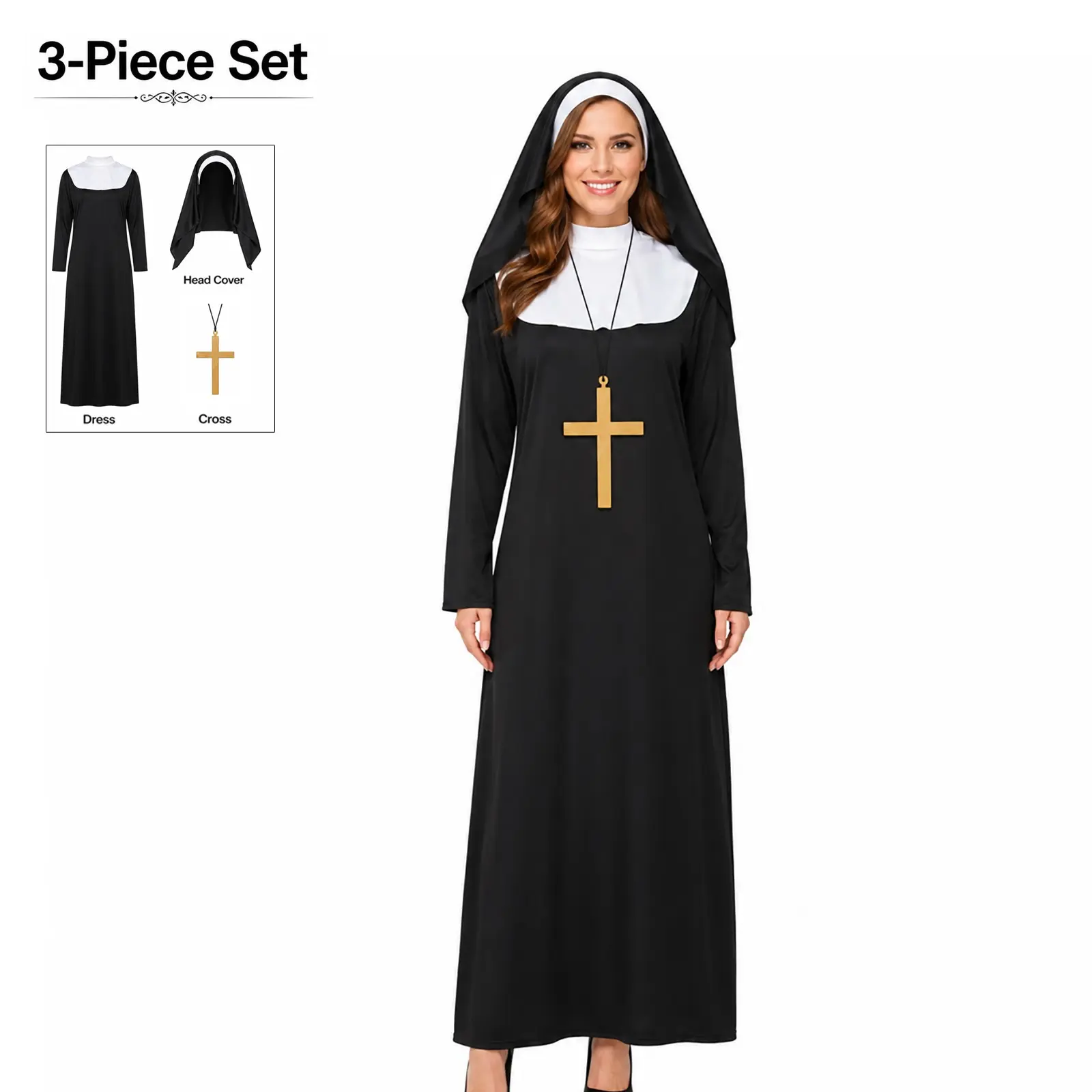 3-Piece Party Costume Set for Women, Halloween Dress Up with Headpiece and Cross Necklace, Cosplay for Party and Carnival