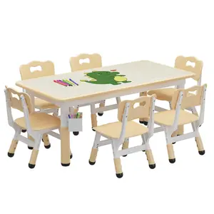 Kids Table and 6 Chairs Set with Storage Box, Height Adjustable Toddler Table and Chair Set for Ages 2-10, Graffiti Desktop, Non-Slip Legs, Children Activity Table for Daycare Classroom Home
