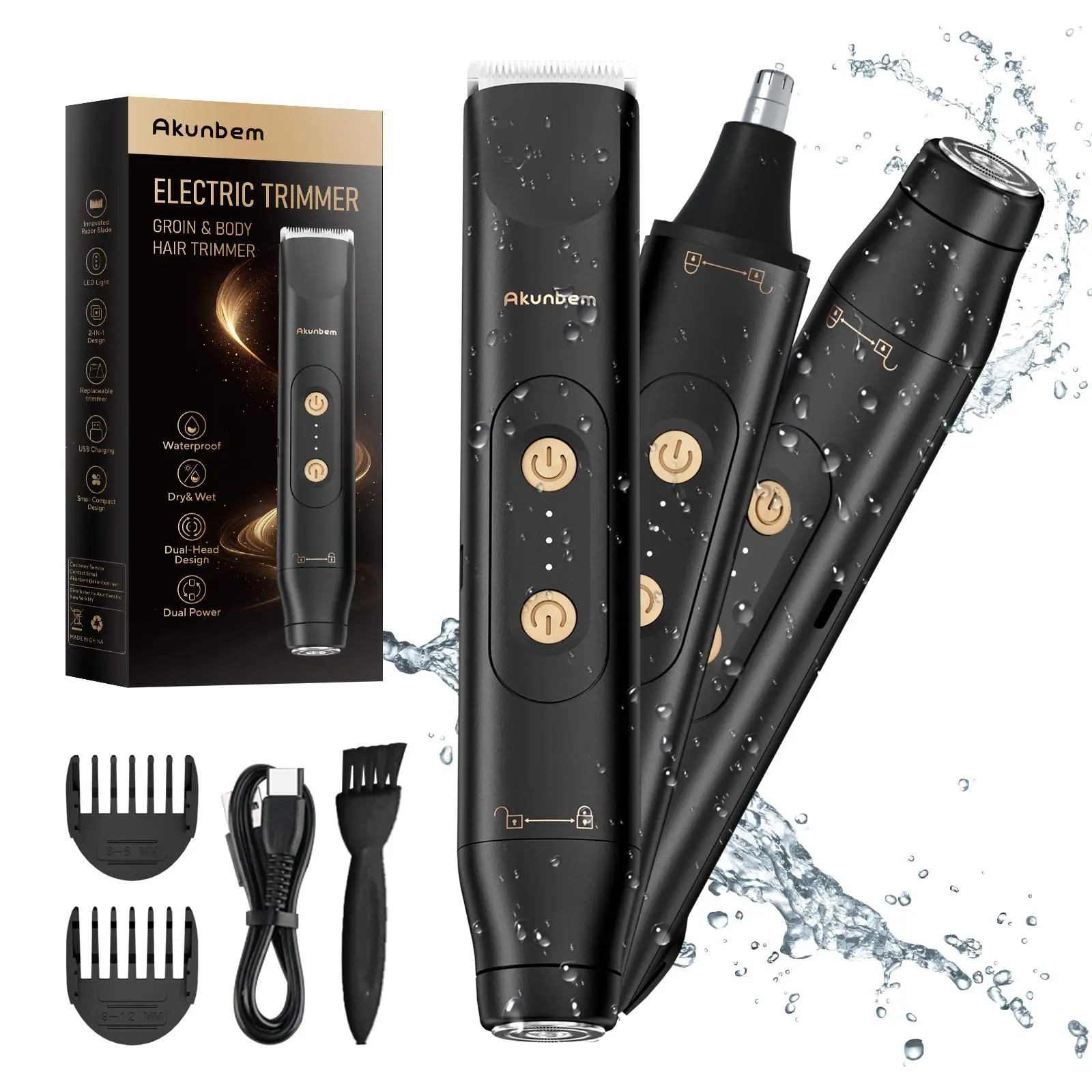 Akunbem Cordless USB Rechargeable Electric Groin Hair Trimmer for Men - Dual Heads Waterproof Pubic Shaver, Replaceable Ceramic Blade Heads, Wet/Dry Body Razor, Birthday/Christmas Gift, Cordless Rechargeable Trimmer, Usb Rechargeable Trimmer