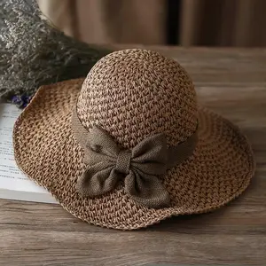 Versatile retro woven handmade straw hat with ruffled bow, elegant French sun hat, foldable, breathable travel beach hat.