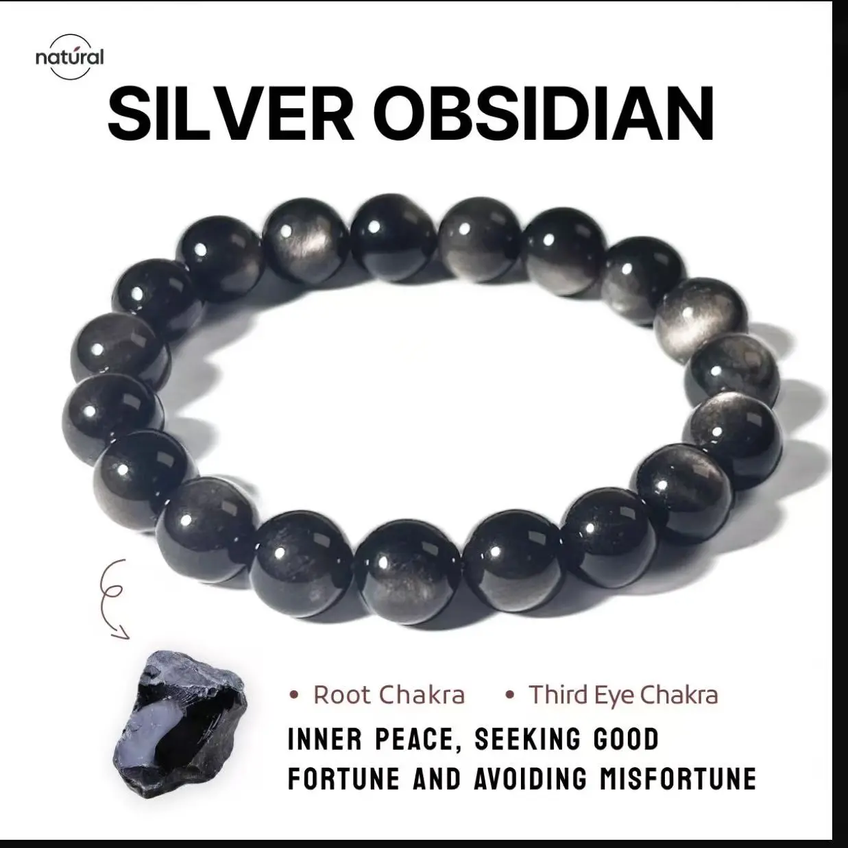 Chicky Girl Chains Premium Unisex Bangle - 8MM Natural Black Crystal Lightweight Beads Stretch-Fit Bracelet, Adjustable Adults' Casual Daily Wear, Thoughtful Gift with Lasting Meaning