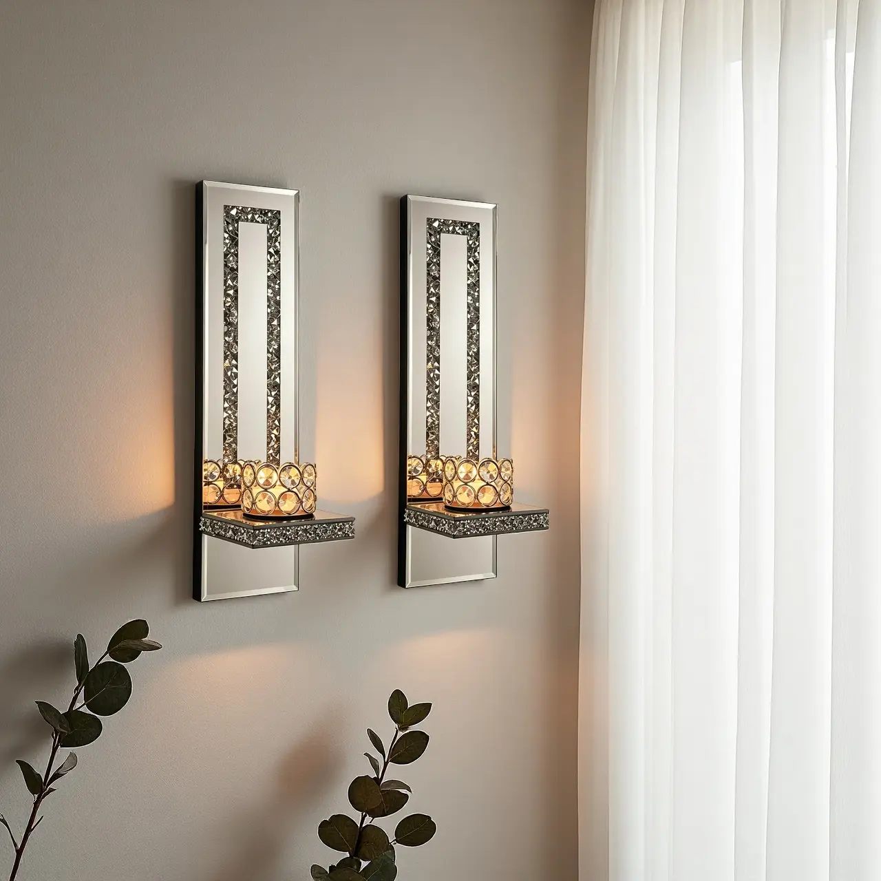 2-Piece Luxury Shiny Crystal Rectangle Hanging Wall Candle Holder Set, Decorative Diamond-Edge Bedroom Home Decor