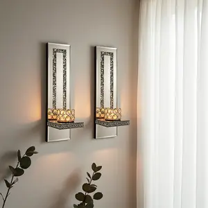 Luxury Crystal Mirror Wall Candle Holder Set, 2-Piece Diamond Edge Wall Decor