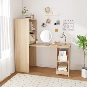 Stretchable Foldable Desk, Office Desk with Storage Shelves & Lockable Wheels, Perfect for Small Apartments
