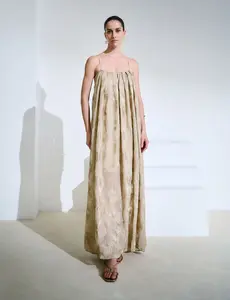 Maya Dress - 100% Polyester Gold Striped Maxi Dress with Adjustable Spaghetti Straps & Flattering Fit for Sizes XS to L