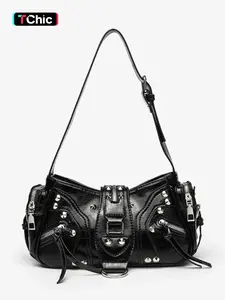 Women's Oil Wax Leather Patchwork Colorblock Underarm Bag, Simple Versatile Commuter Motorcycle Shoulder Crossbody Bag, Underarm Shoulder Purse