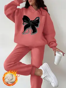 Women's Hooded Sweatshirt Set, Outfit, Loungewear, Butterfly Print, Thick Fleece Lined, Long Sleeve Pants, Casual Fall & Winter