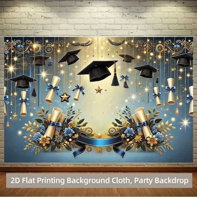 Graduation & Grad Party Backdrop – Blue Gold Tassel Theme Tapestry, Wall Hanging, Photography Background, Polyester HD Print, Living Room, Party, Event, Decor