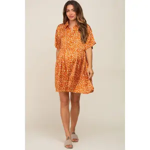 Rust Printed Satin Collared Maternity Dress