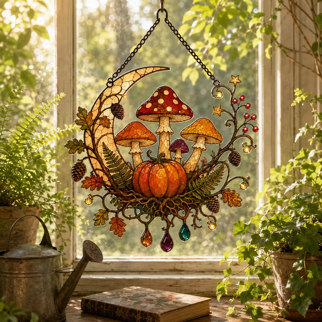 Autumn Mushroom Pumpkin Acrylic Suncatcher, Faux Stained Glass Window Hanging, Woodland Crescent Moon Fall Decor