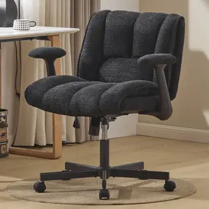 Criss Cross Legged Office Chair with Flip-Up Arms and Wheels, Wide Seat Desk Chair with Built-In Dynamic Airbag Lumbar Support, Modern Cross-Leg Chair for Home Office, Apartment, Vanity