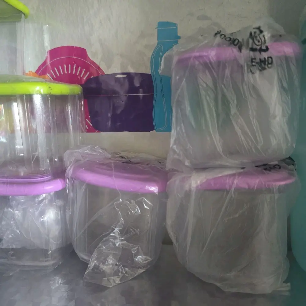 Tupperware Square Clear Container with Purple or Green Lid Plastic Tin Canister for Cold Dry Food Knick Knacks Compact Design Room Lunch Snack Storage