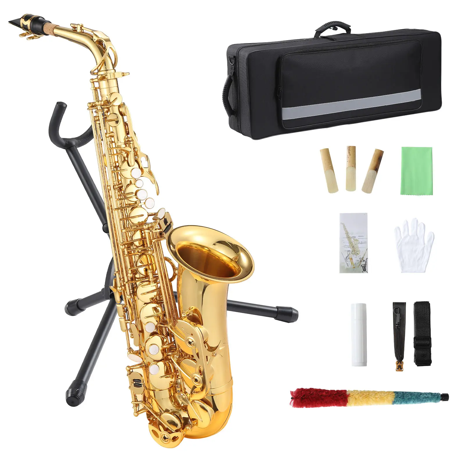 Professional Alto Saxophone Full Starter Kit E-Flat, with Case, Stand & Cleaning Tools for Students & Pros, Rich Sound for Jazz & Classical Music
