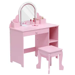 2-in-1 Kids Vanity Table Set with LED Lighted Mirror – Makeup Desk and Study Table, Includes Stool, Drawers & Open Shelves – Ideal for Girls' Bedroom or Playroom