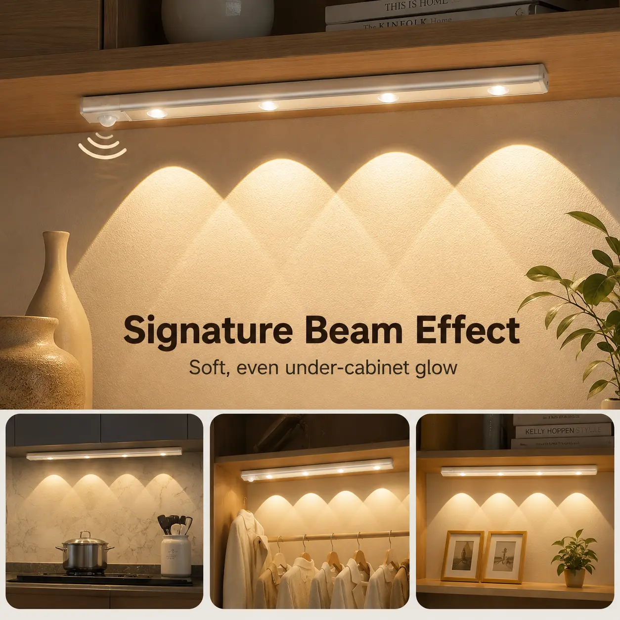 600mm Rechargeable Motion-Sensor Under Cabinet LED Light Bar, 3-Color Dimmable Magnetic Stick-On Night Light, USB-Powered Indoor Lighting for Kitchen Cabinet, Wardrobe