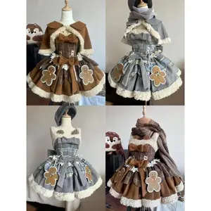 Christmas Sweet Lolita Sets Autumn Winter Women Cute Cloak + Fluffy Plush Patchwork Strap Dress Harajuku Kawaii Japanese Outfits