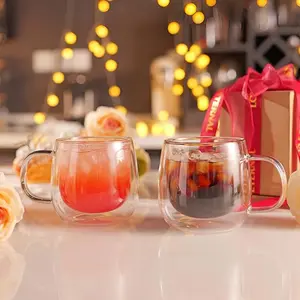 12 oz (2-pack) Handmade Glass Mug Set, Double-Walled Insulated Transparent Beverage Cups with Handles, Suitable for Latte, Hot & Cold Drinks (Home & Bathroom Tumblers)