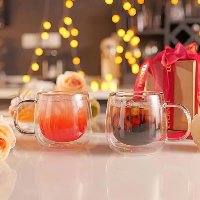 12 oz (2-pack) Handmade Glass Mug Set, Double-Walled Insulated Transparent Beverage Cups with Handles, Suitable for Latte, Hot & Cold Drinks (Home & Bathroom Tumblers)