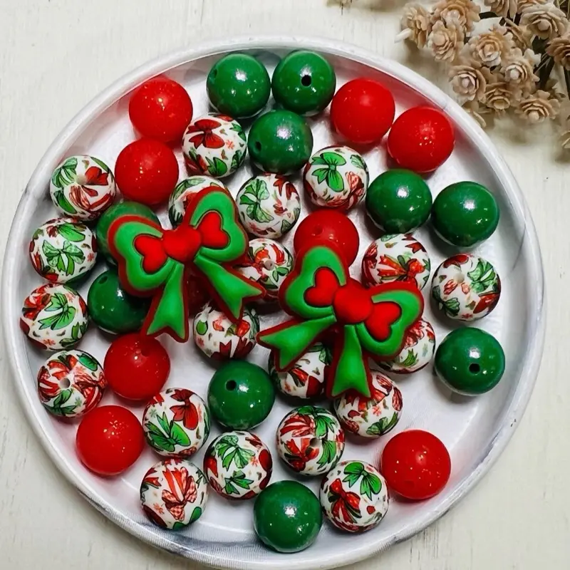 Christmas Bow Mix - Festive Red Green Beads with Holly Design for Holiday Decorations