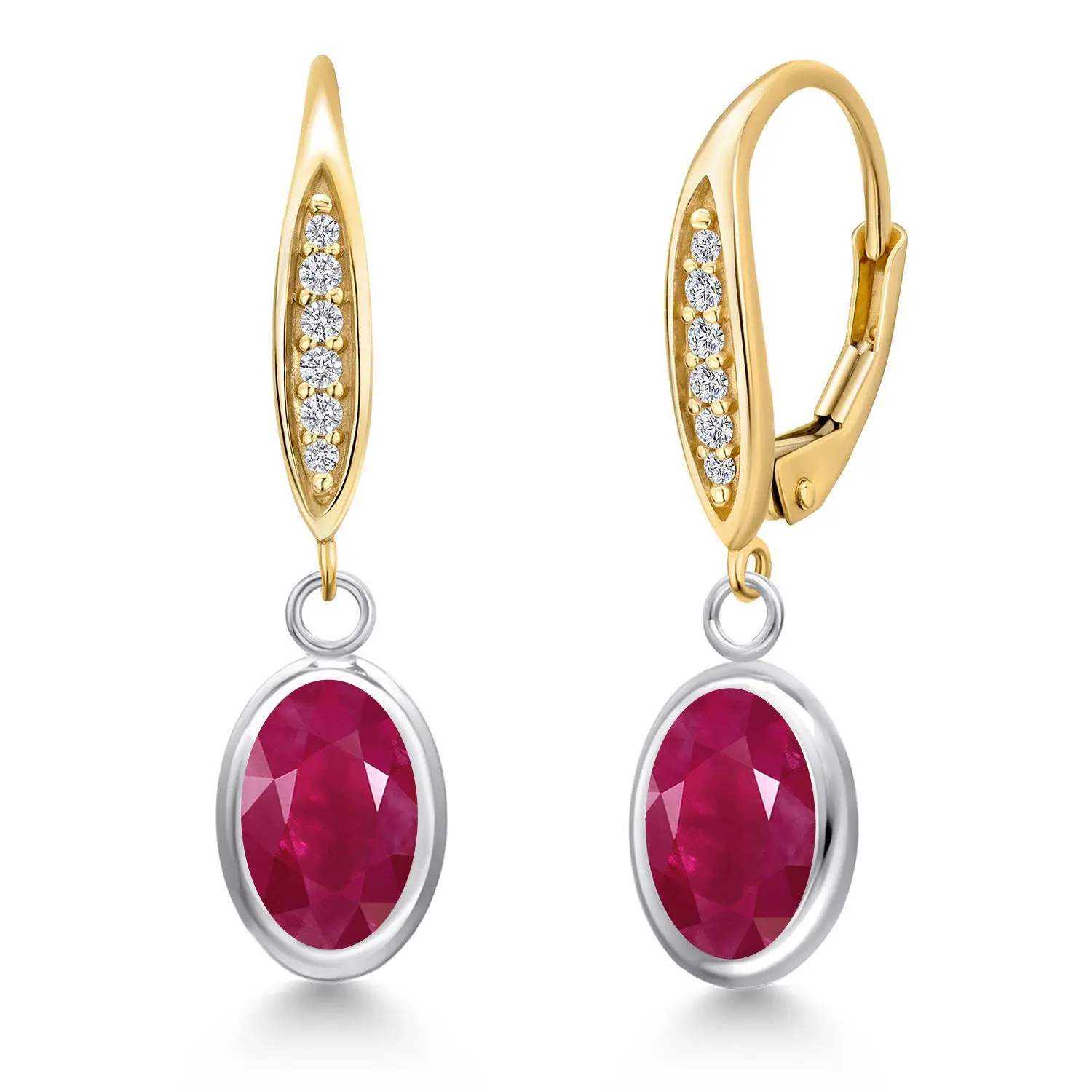 925 Silver and 10K Yellow Gold Red Ruby and Lab Grown Diamond Dangle Earrings for Women | 3.31 Cttw | Gemstone July Birthstone | Oval 8X6MM