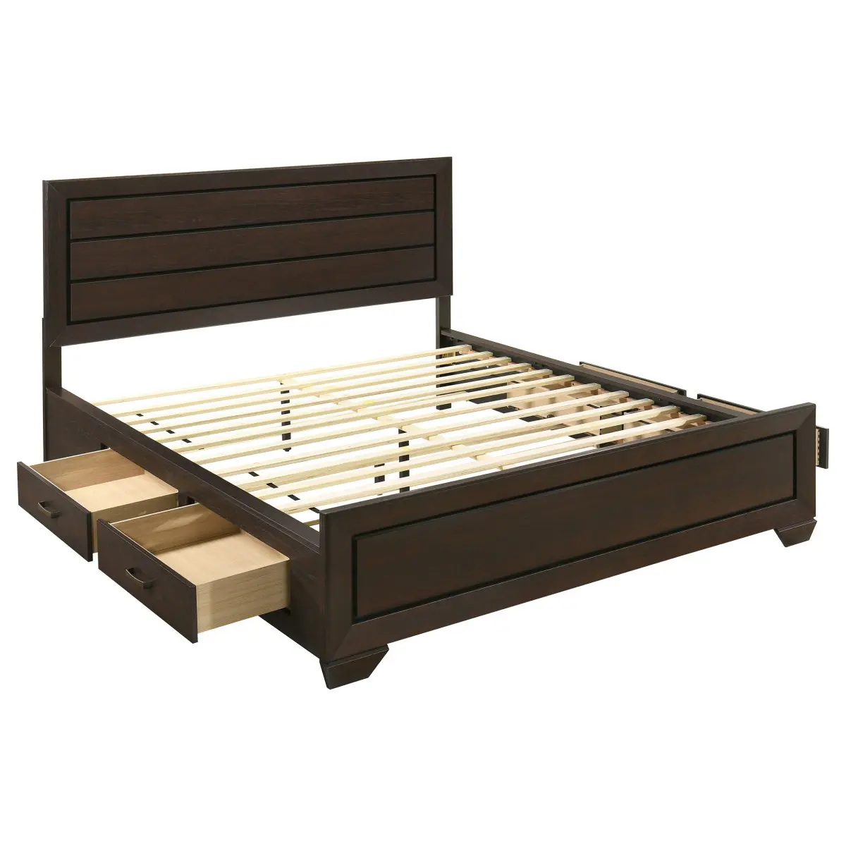 Holmgren Modern Recessed Dark Cocoa Wood Paper Laminate California King Storage Bed, 53.5in High, 78.75in Long, 89.5in Wide, with Slats & Storage Drawers