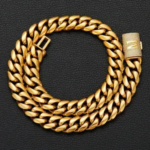 14mm Miami Cuban Link 18K Necklace Initial Letter A-Z Stainless Steel Solid Necklace for Mens Womens Hip Hop Jewelry 20/24/30in